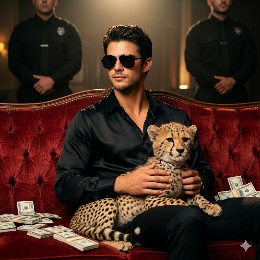 Using the reference picture, create A stylish man sitting on a luxurious - AI image template preview