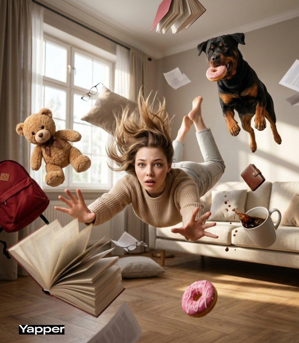 Cinematic surreal scene of a young woman falling forward through - AI image template preview