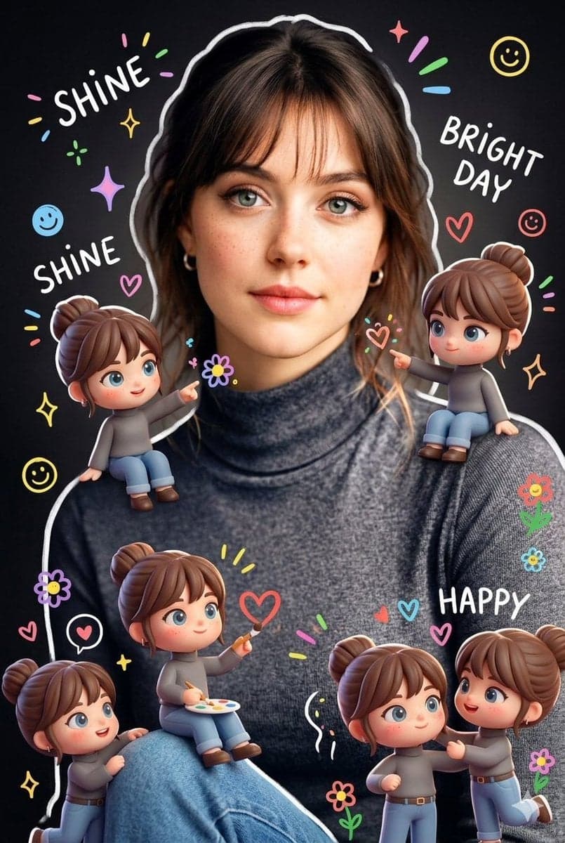 Surrounding the realistic main subject are multiple cute, 3D-style chibi - AI image template preview