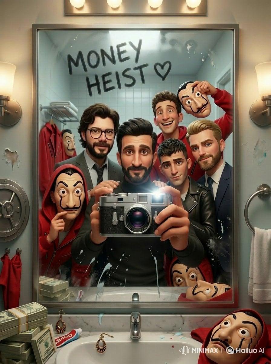 Cinematic mirror selfie scene inspired by a retro 80s sci-fi horror - AI image template preview
