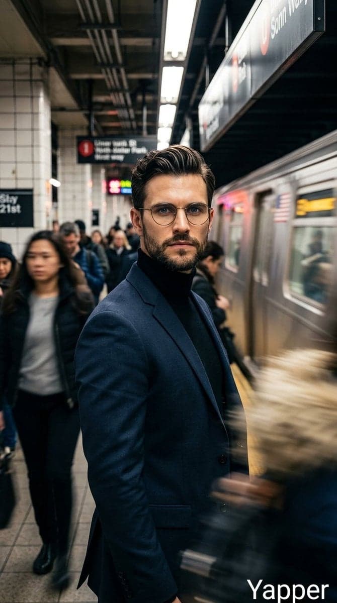 Cinematic portrait of a stylish man standing on a busy subway platform - AI image template preview