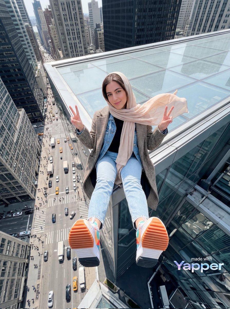 Young woman sitting at the edge of a skyscraper rooftop with a dramatic - AI image template preview