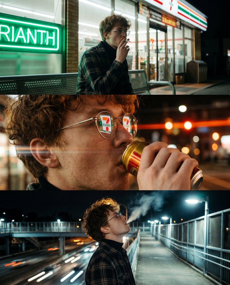 A vertical triptych of three cinematic, night-time urban photographs - AI image template preview