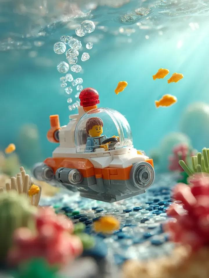 Surrounding the submarine are multiple small bright yellow LEGO fish - AI image template preview