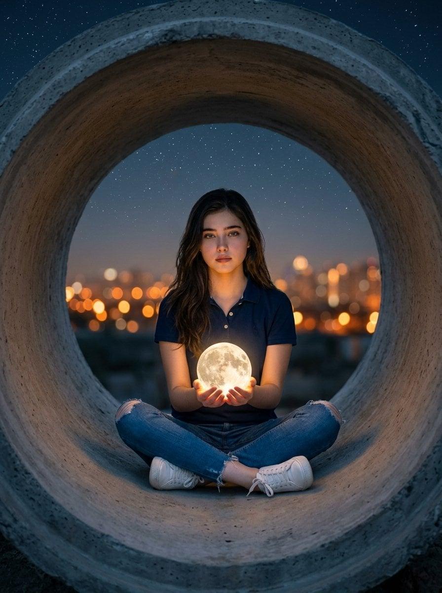 Hyper-realistic surreal photography of a woman sitting inside a massive - AI image template preview