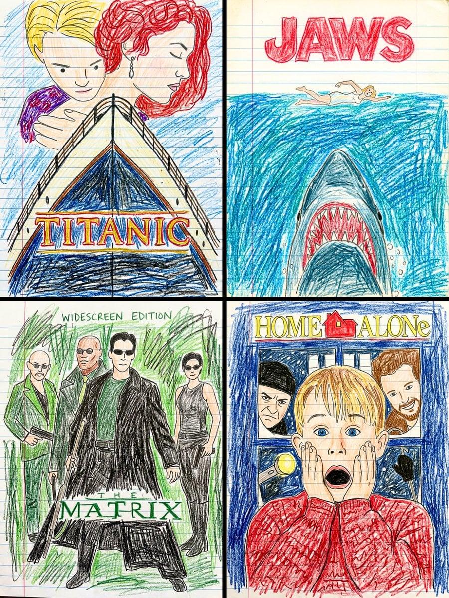 This movie poster into a child s crayon drawing on lined notebook paper - AI image template preview
