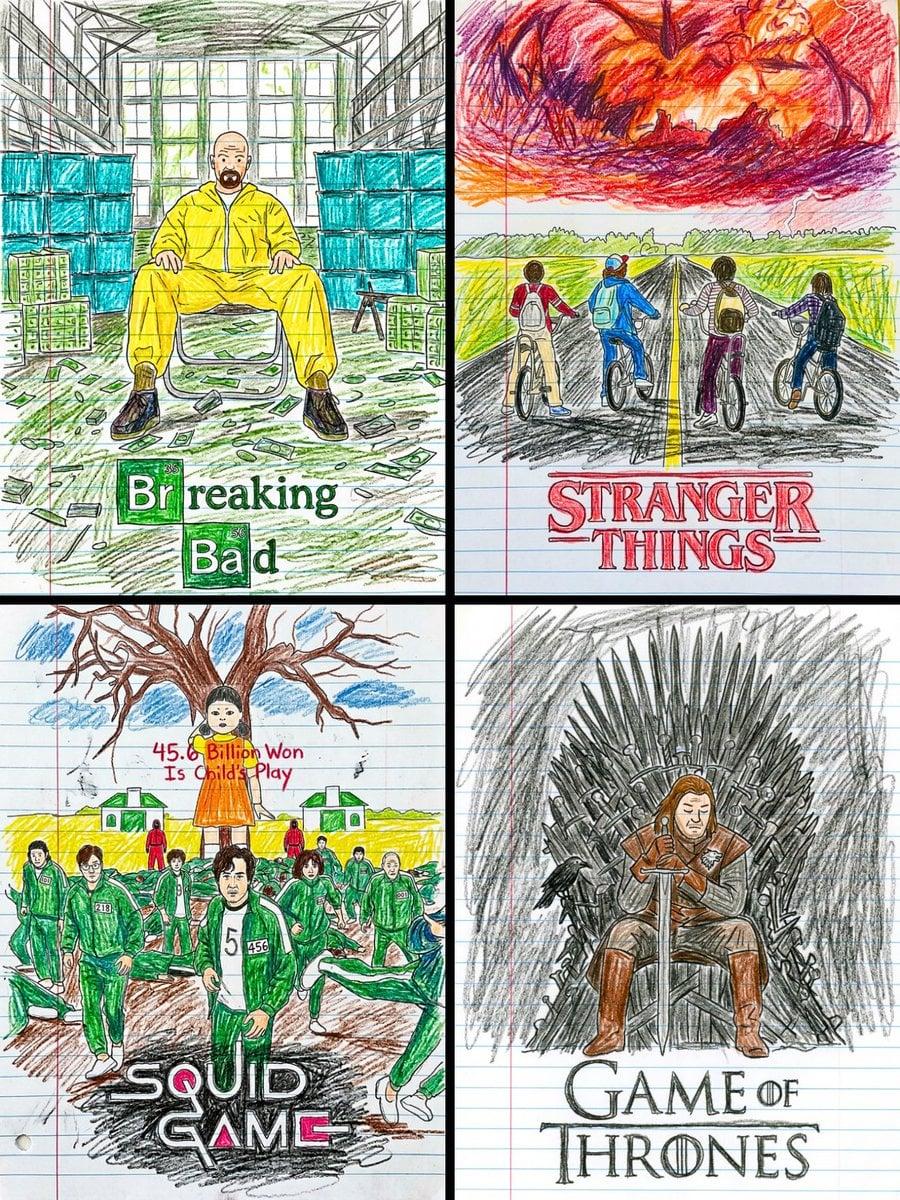 This movie poster into a child s crayon drawing on lined notebook paper - AI image template preview