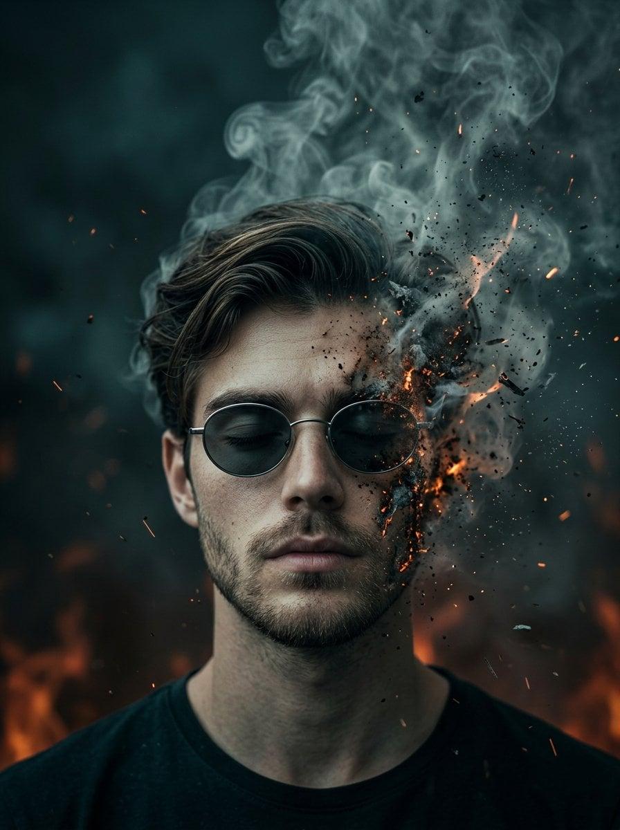 A surreal cinematic portrait of a young man with oval sunglasses, eyes - AI image template preview
