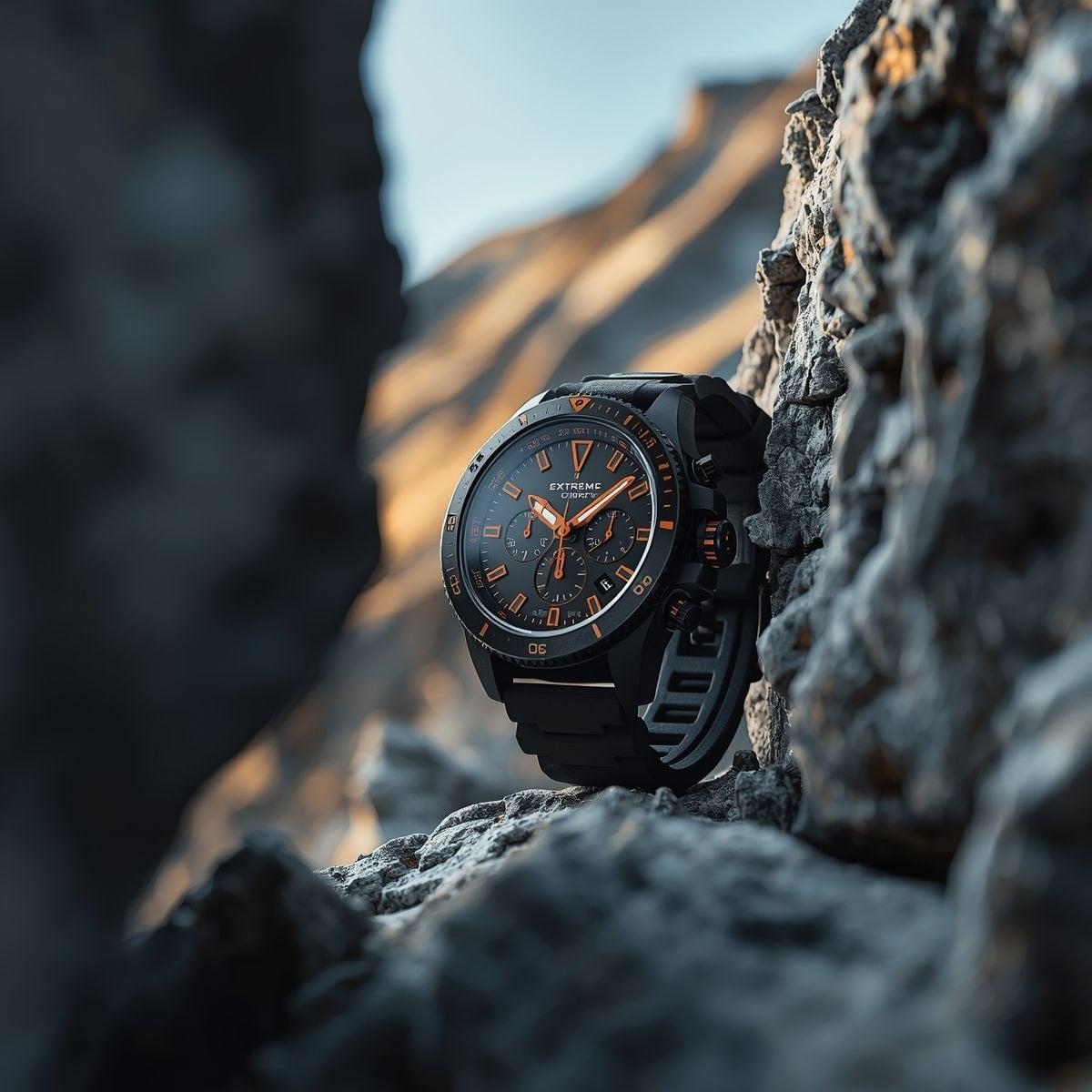 A rugged, matte-black chronograph watch with bold orange accents - AI image template preview