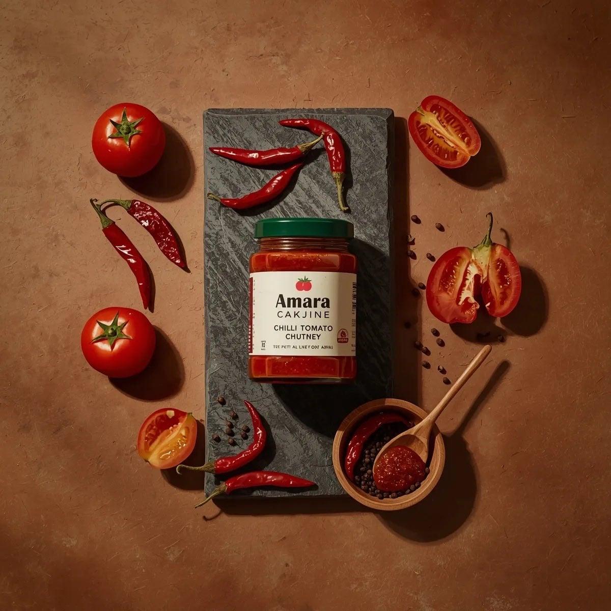 Top-down premium food photography of a glass jar of chili tomato chutney - AI image template preview
