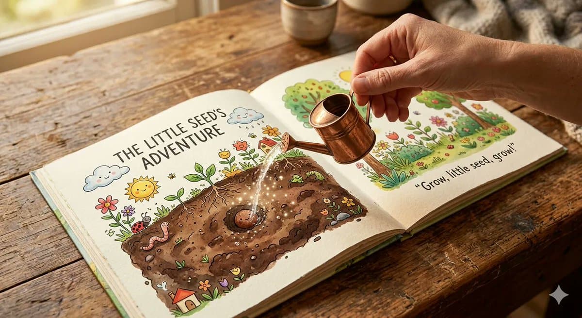 An open children s picture book rests on a wooden table, showing - AI image template preview