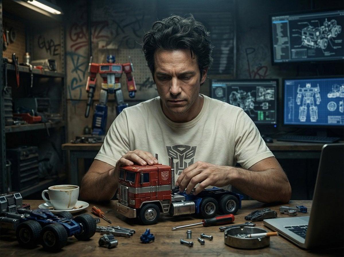 Screens displaying Optimus Prime assembly blueprints and mechanical - AI image template preview