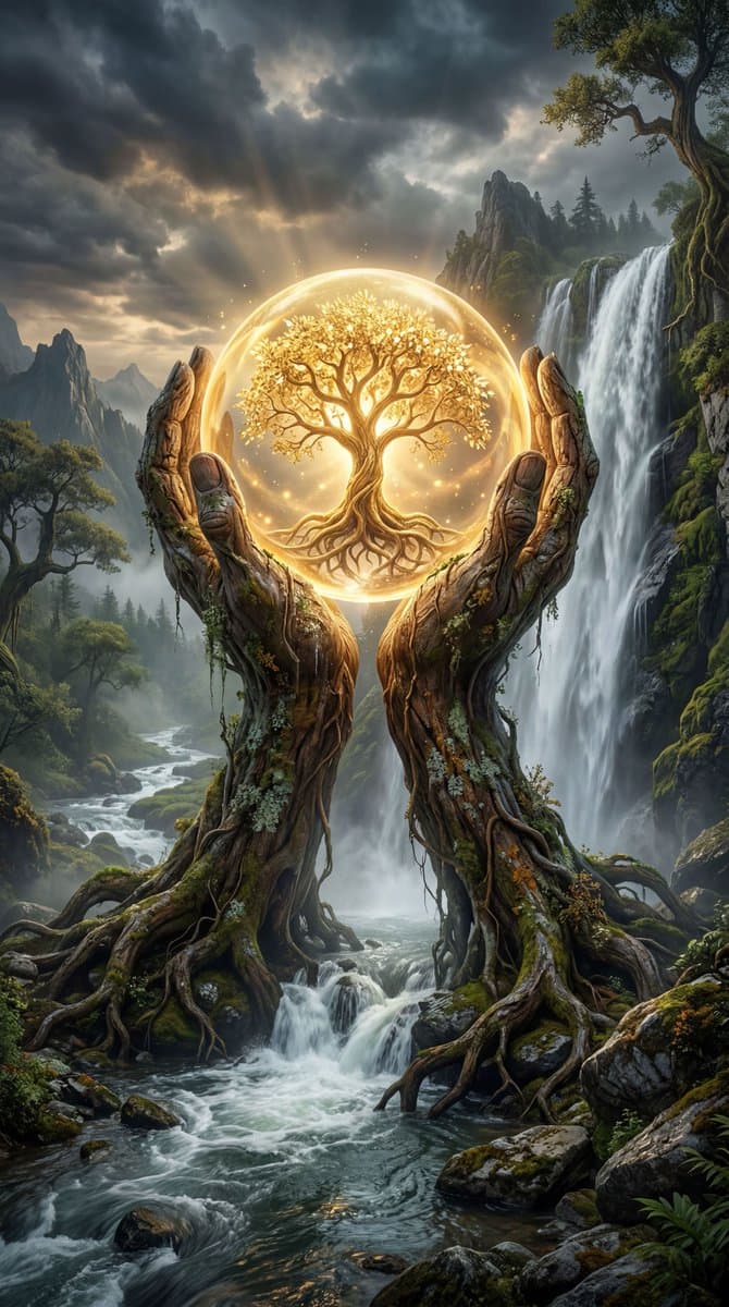 A majestic, ancient gnarled tree with thick, twisting roots sits - AI image template preview