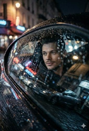 A low-angle, cinematic close-up shot looking through a rain-slicked car - AI image template preview
