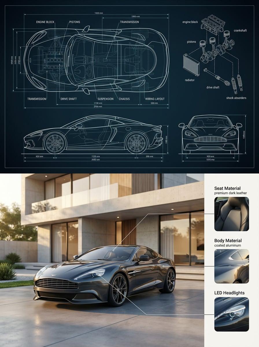 Premium split composition showing a detailed automotive blueprint top - AI image template preview