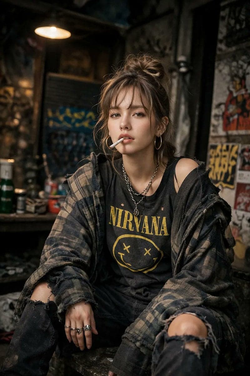 A high-detail photograph of a defiant woman posing nonchalantly - AI image template preview