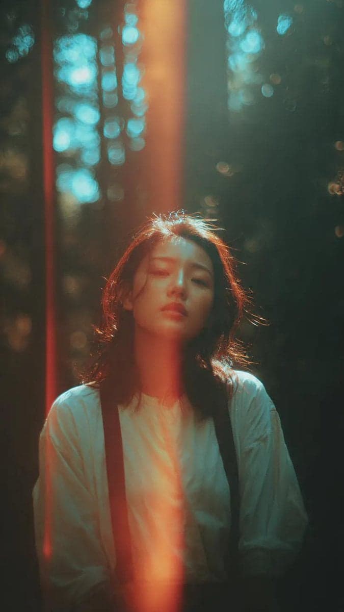 A cinematic portrait of an Asian woman standing in a quiet forest - AI image template preview