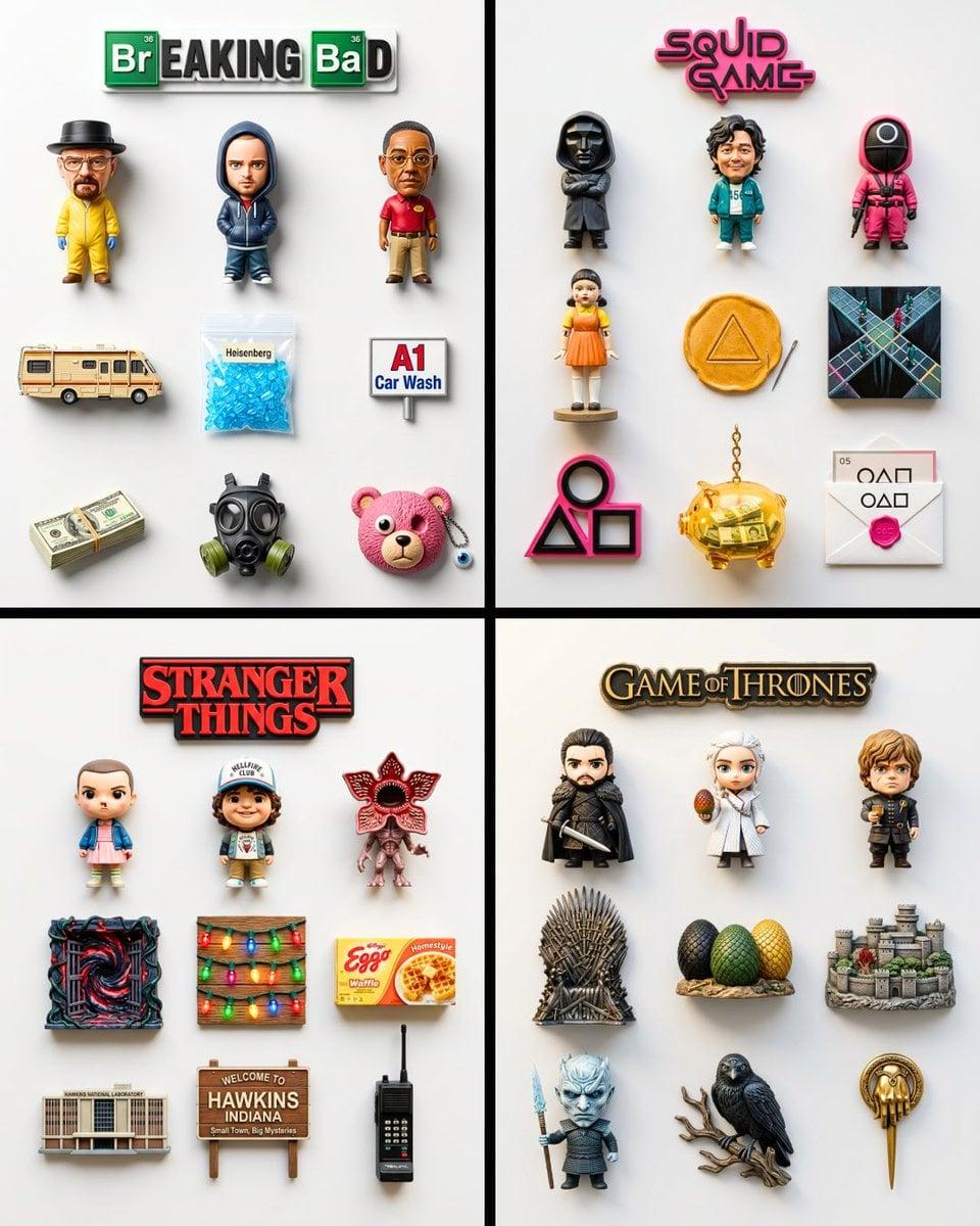 A flat-lay collection of exactly 9 hyper-realistic 3D resin fridge - AI image template preview
