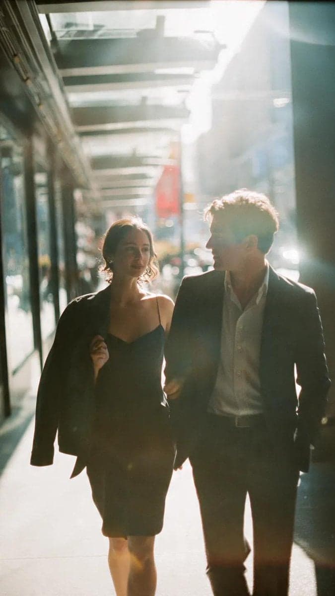 A cinematic candid medium shot portrait of a man and a woman walking - AI image template preview