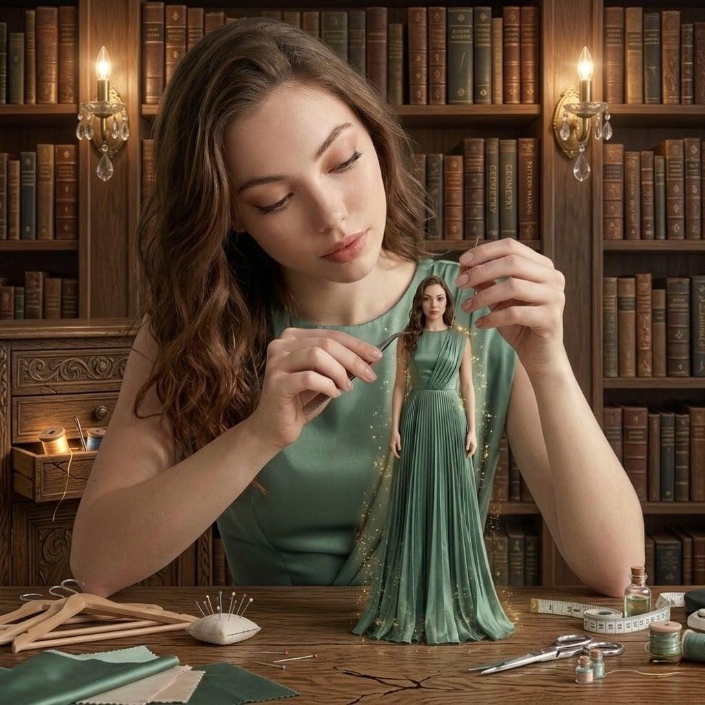 A hyper-realistic cinematic scene of a young woman sitting at a wooden - AI image template preview