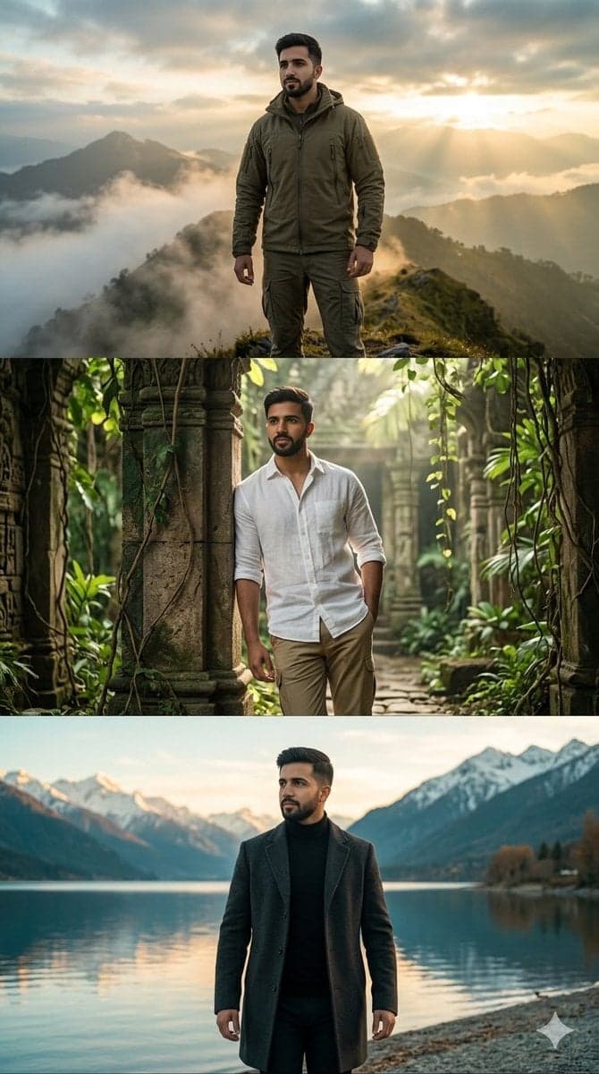 Hyper-realistic three-panel vertical cinematic collage in 9 16 aspect - AI image template preview