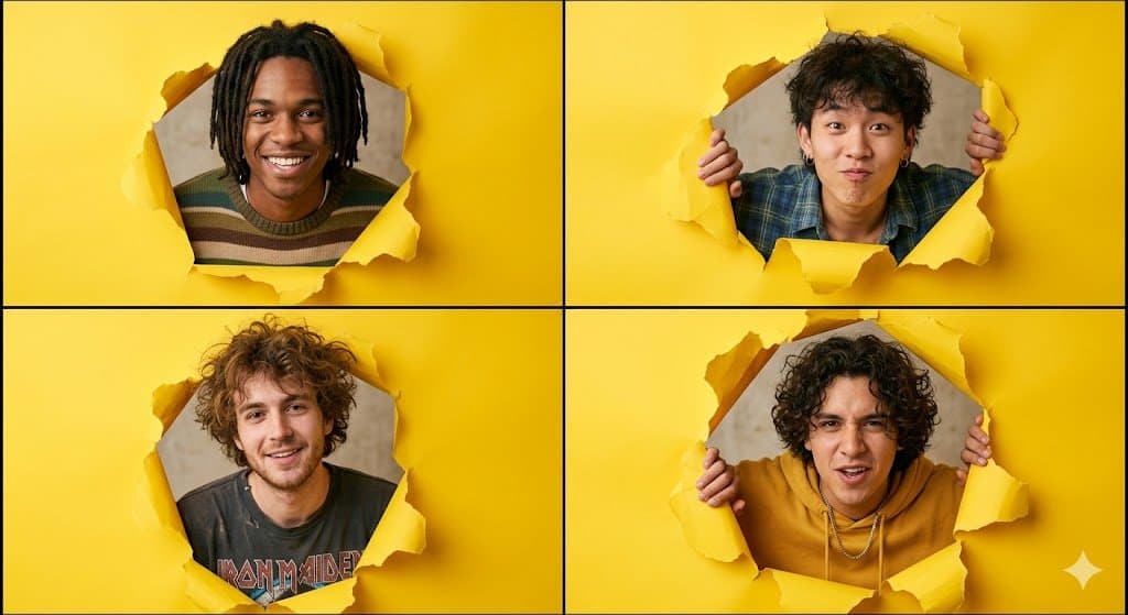 A high-resolution 2x2 grid collage of four individual portraits - AI image template preview
