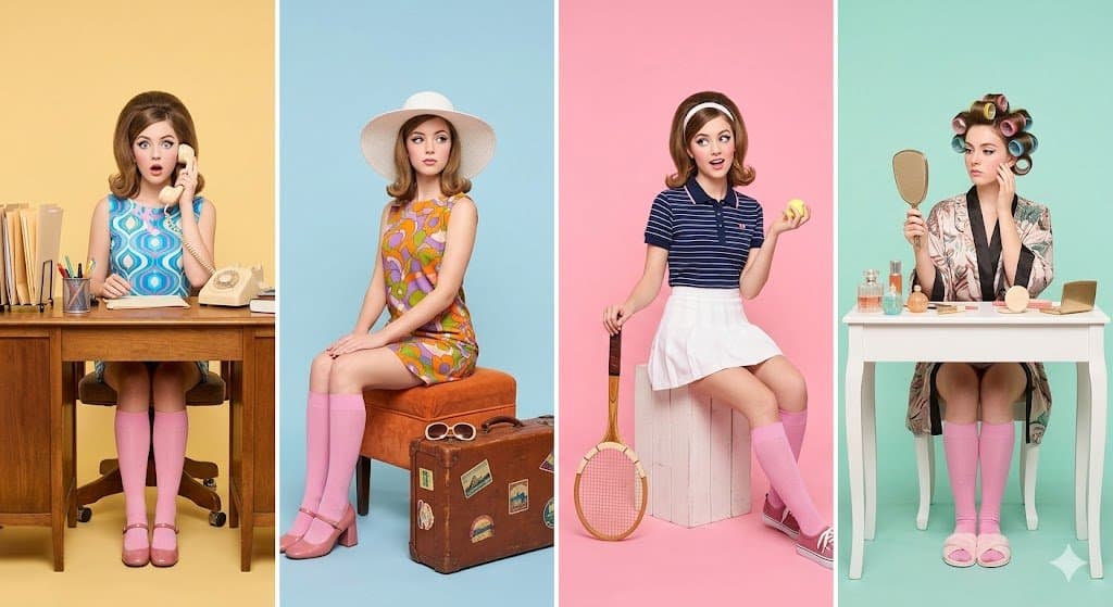 A retro-inspired studio photoshoot featuring a young woman styled - AI image template preview