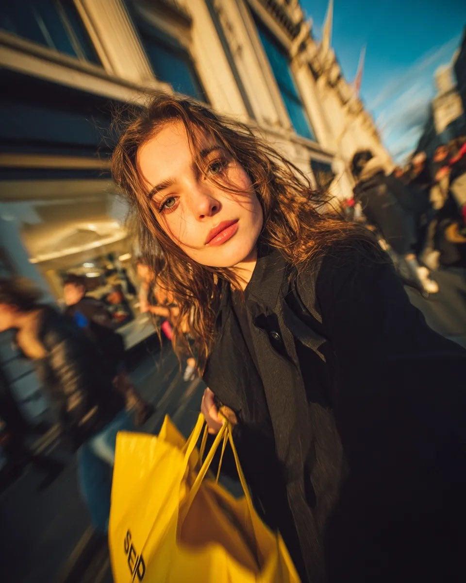 Cinematic street portrait of a young woman walking through a busy - AI image template preview