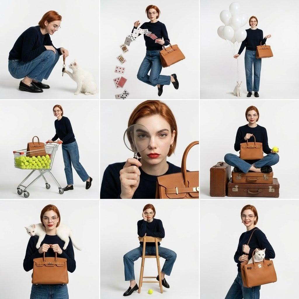 Studio fashion collage, 3x3 grid layout, same subject repeated - AI image template preview