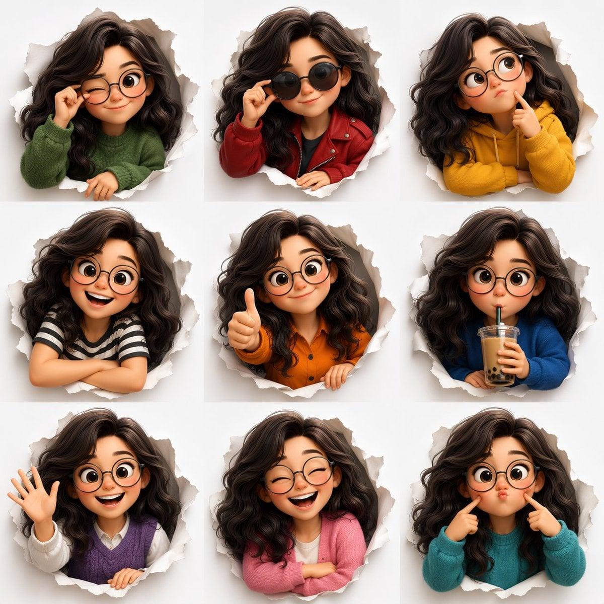 3D Pixar-style expression sheet, cute stylized avatar with wavy dark - AI image template preview