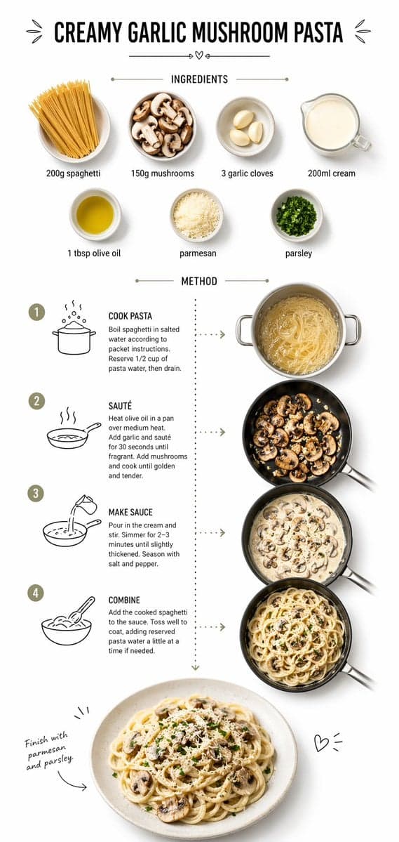 Step-by-step recipe infographic for creamy garlic mushroom pasta - AI image template preview
