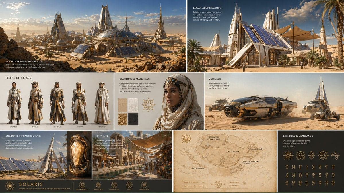 Complete visual worldbuilding set for a futuristic desert civilization - AI image template preview