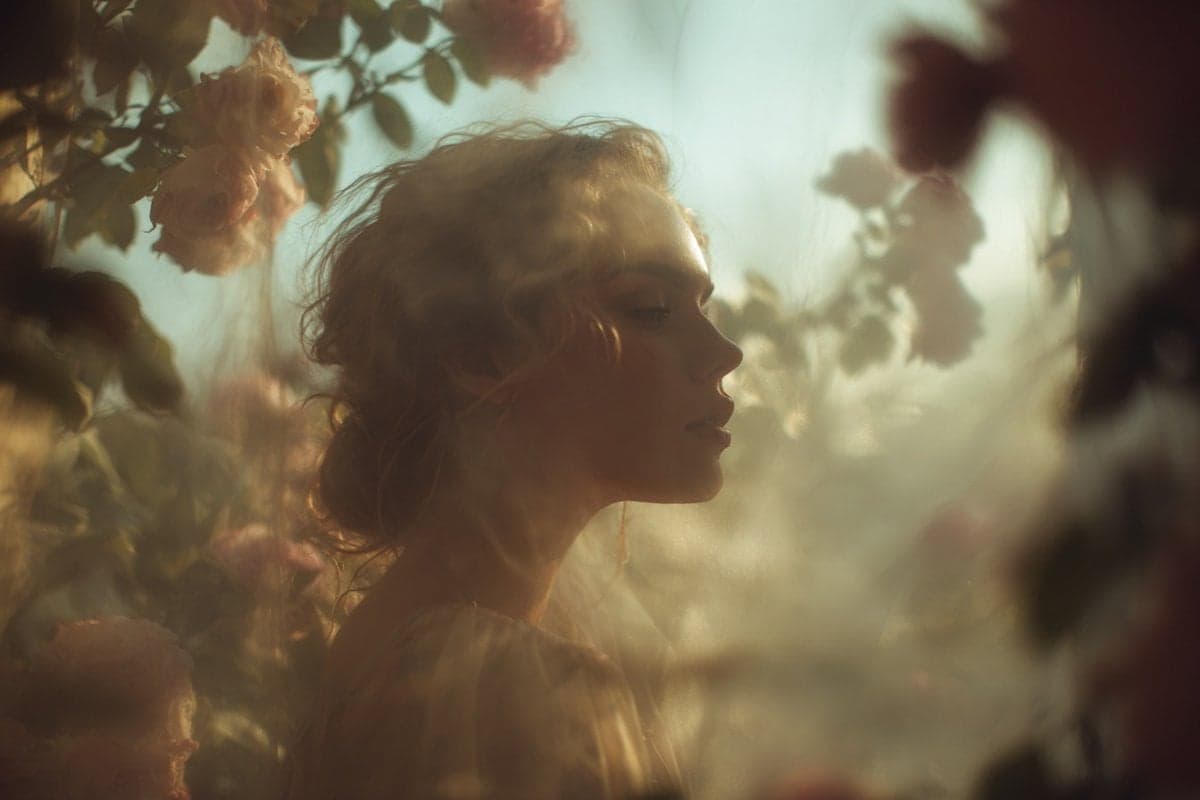 A soft-focus dream photograph of a in a, seen through translucent fabric - AI image template preview