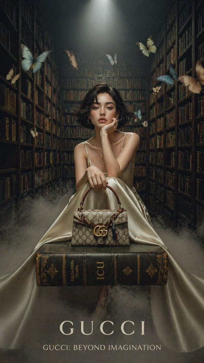 A cinematic luxury fashion editorial set inside a grand vintage library - AI image template preview