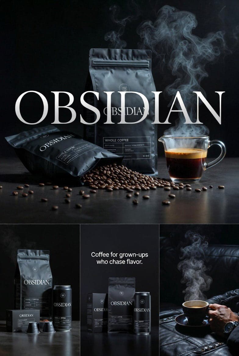 Four connected premium realistic editorial images for OBSIDIAN coffee - AI image template preview