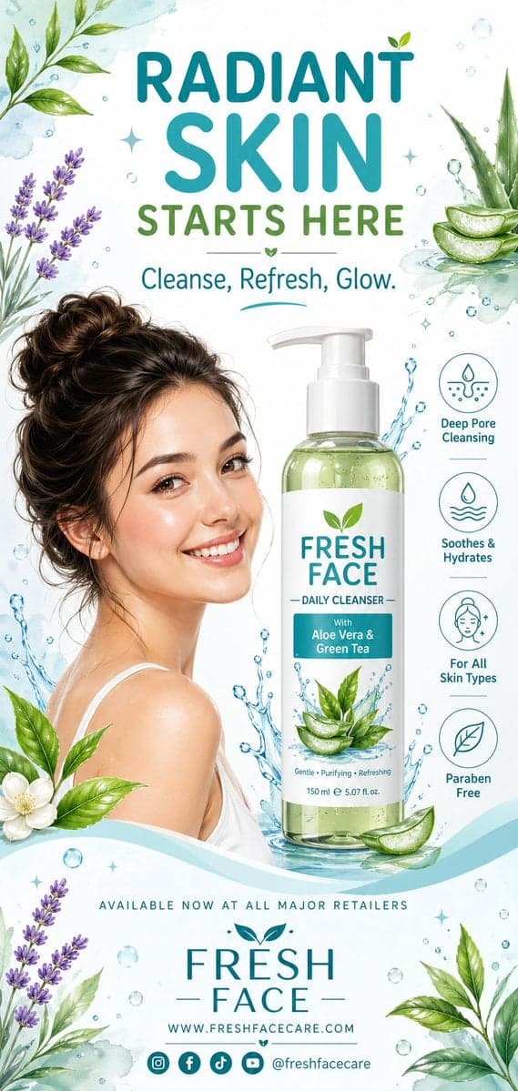 A clean, refreshing vertical advertising poster design for a face wash - AI image template preview