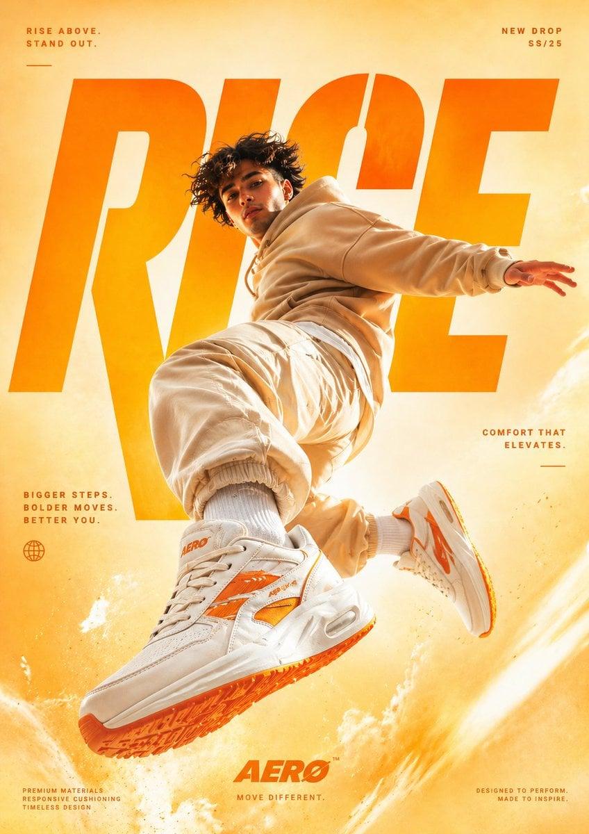 A cinematic, high-end sneaker advertisement poster featuring a young - AI image template preview