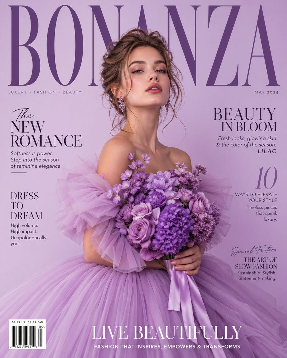 Lavender Couture Magazine Cover Fashion Portrait - AI image template preview