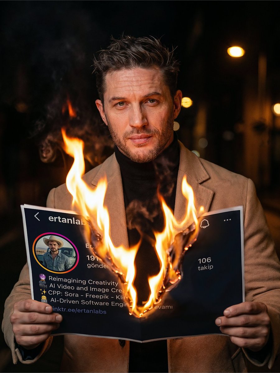 Cinematic Night Portrait with Burning Social Page - AI image template preview