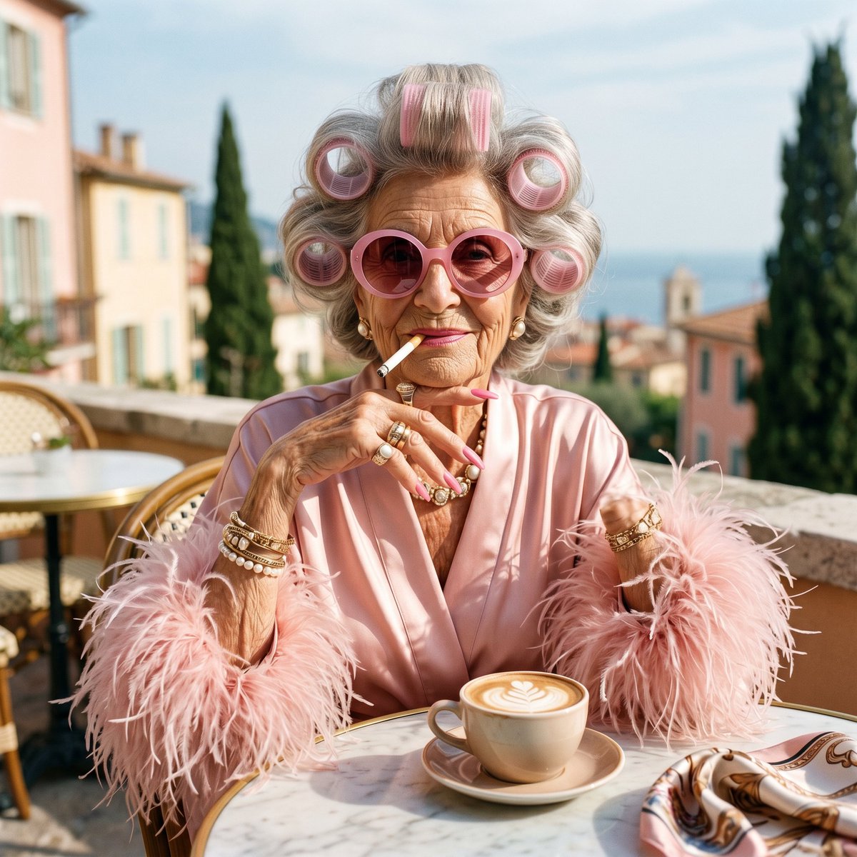 Eccentric Elderly Woman Cafe Portrait - AI image template preview