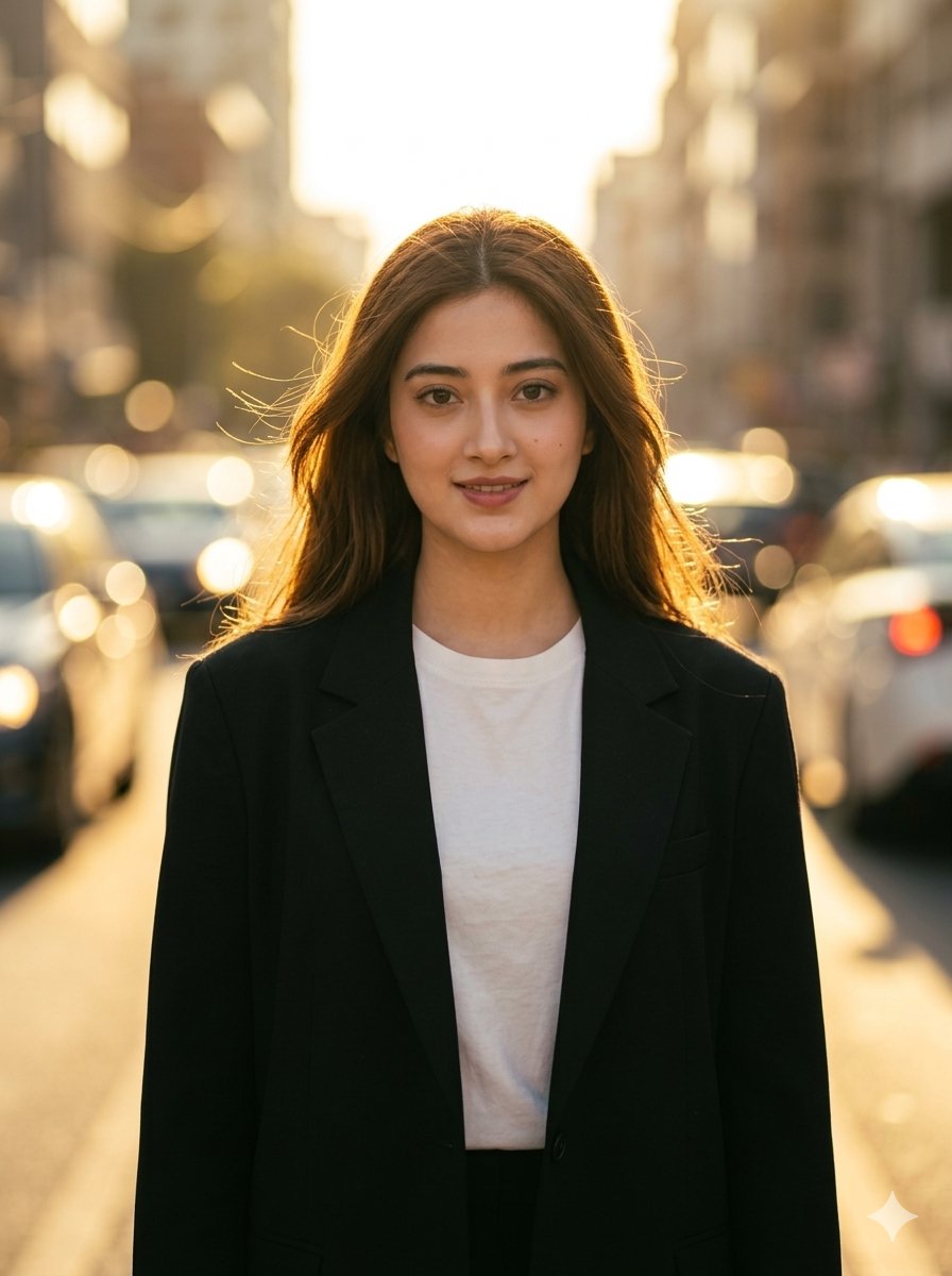 Golden Hour Urban Fashion Portrait - AI image template preview
