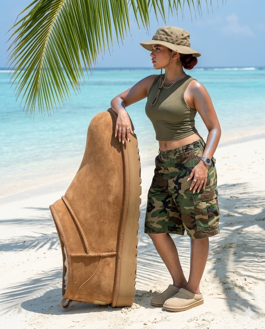 Surreal beach giant boot sculpture - AI image template preview