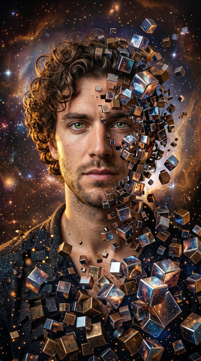 Deconstructed Metallic Cube Portrait - AI image template preview