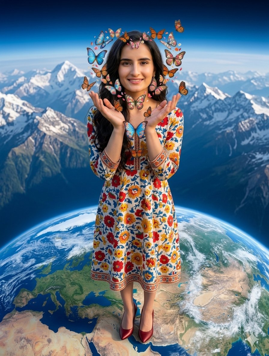 Surreal Woman with Butterflies and Globe - AI image template preview