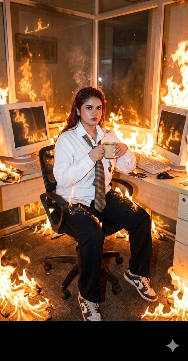 Absurdist Office Workspace Fire - AI image template preview