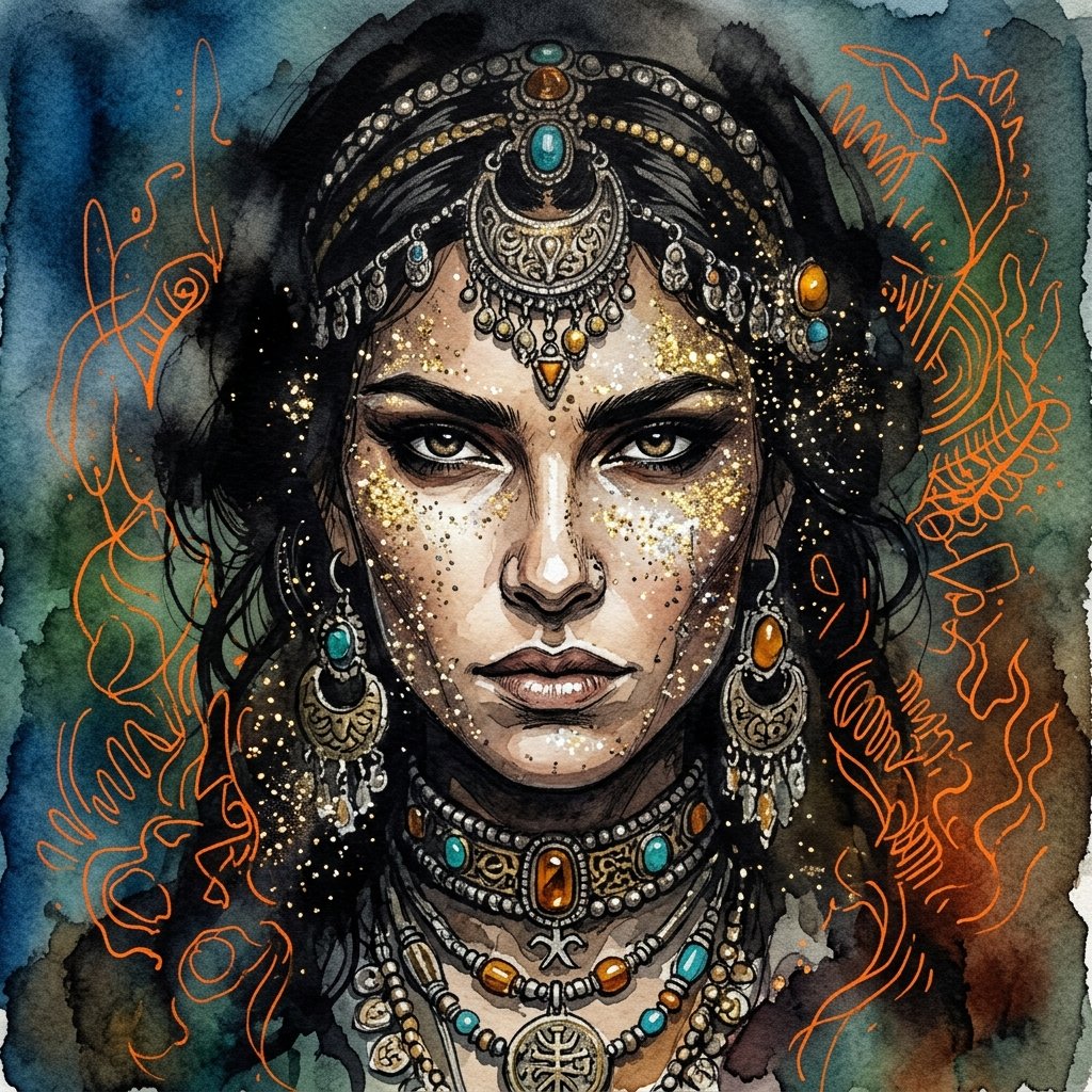 Ink wash and watercolor woman portrait - AI image template preview