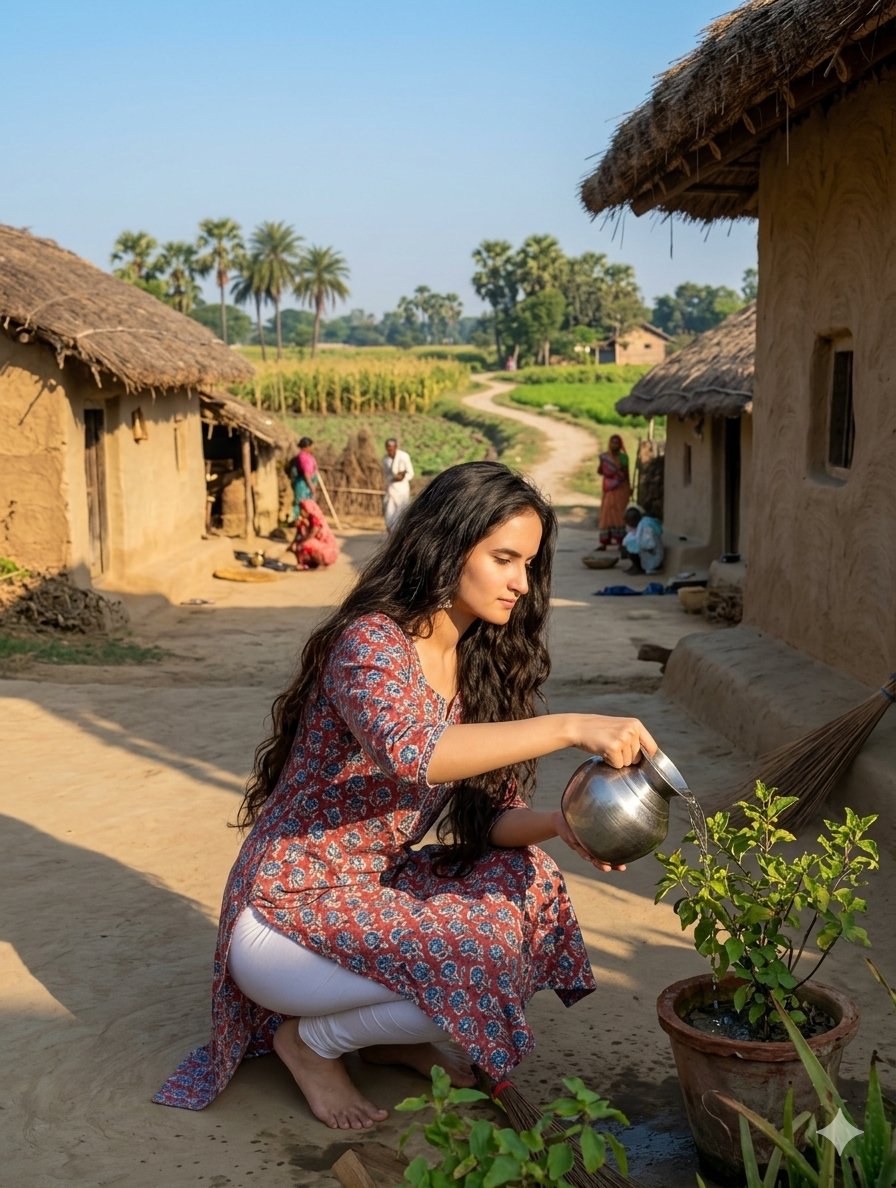 Village Scene Plant Watering - AI image template preview