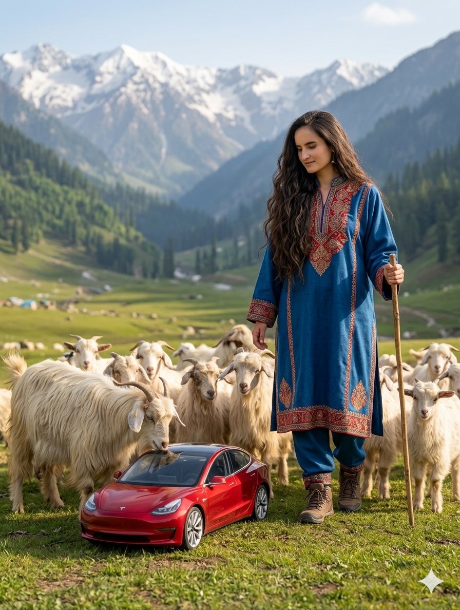 Surreal Kashmiri Shepherd with Tesla - AI image template preview
