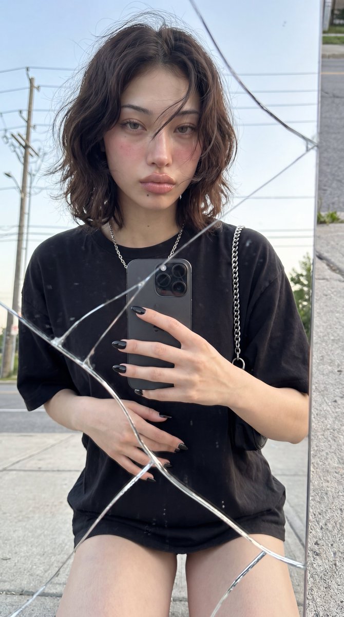 Photorealistic Cracked Mirror Selfie - AI image template preview