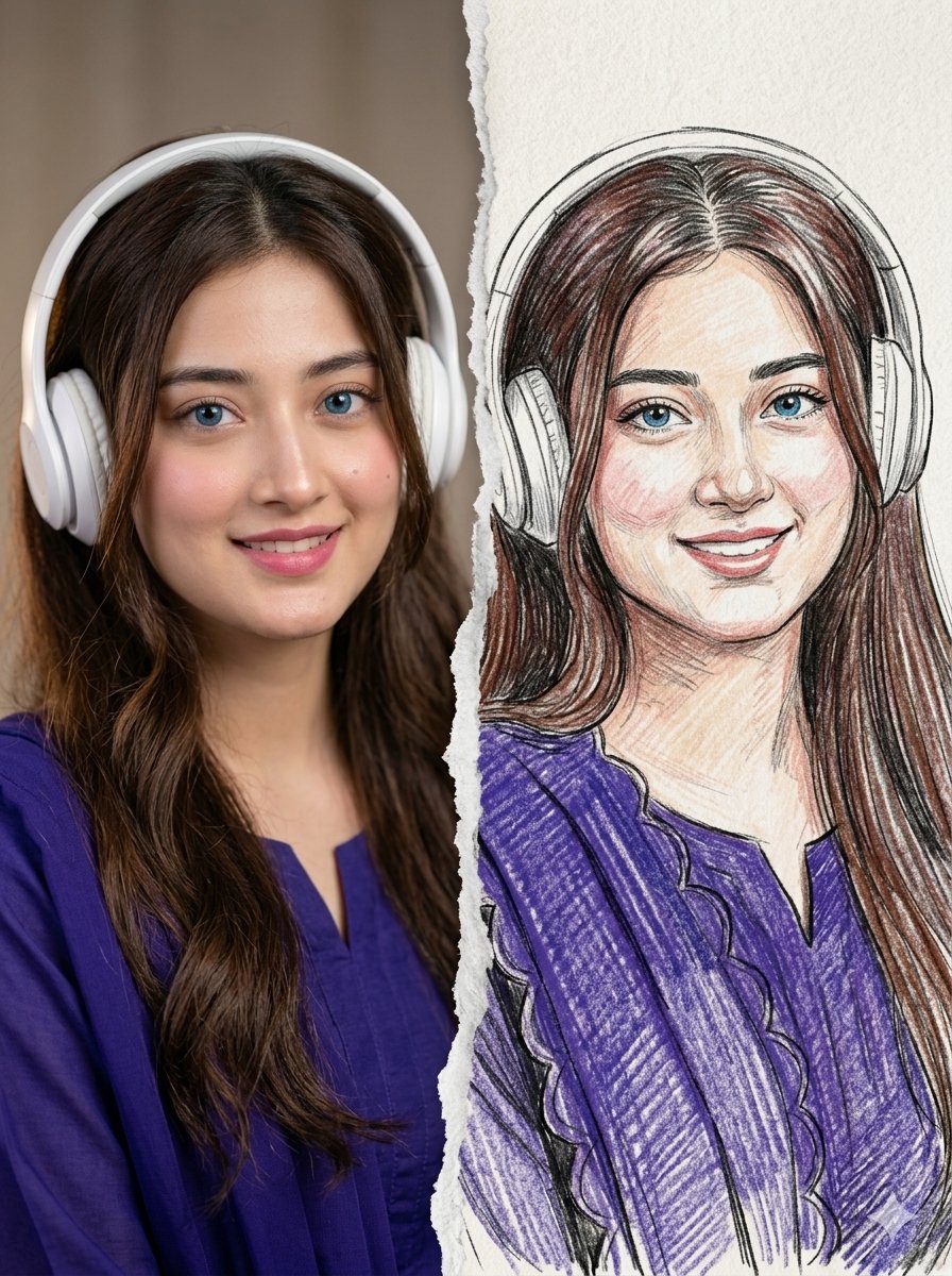 Split Photo and Sketch Portrait Effect - AI image template preview
